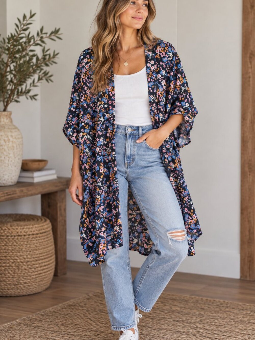 665 - Sunday Best (Aritzia) Navy Floral Kimono Duster Open Front Boho Cardigan